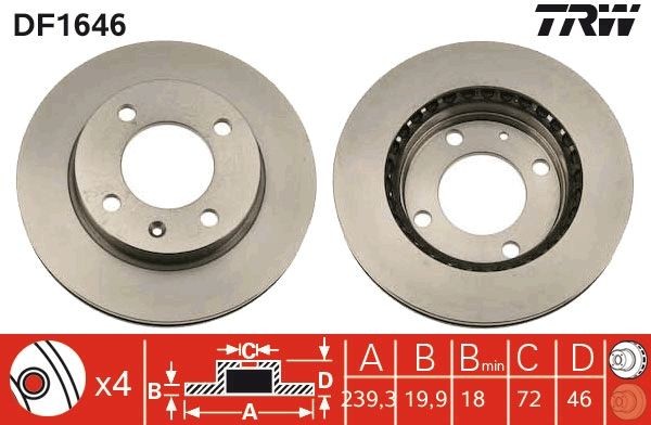 TRW DF1646: Piduriketas Ø: 239mm, õhutusega, Ø: 239mm