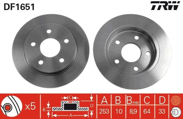 TRW DF1651: Disc de frână Ř: 253mm, plin, Ř: 253mm, lacuit