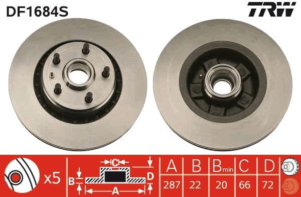 TRW DF1684S: Piduriketas TRW SINGLE Ø: 287mm, õhutusega, Ø: 287mm