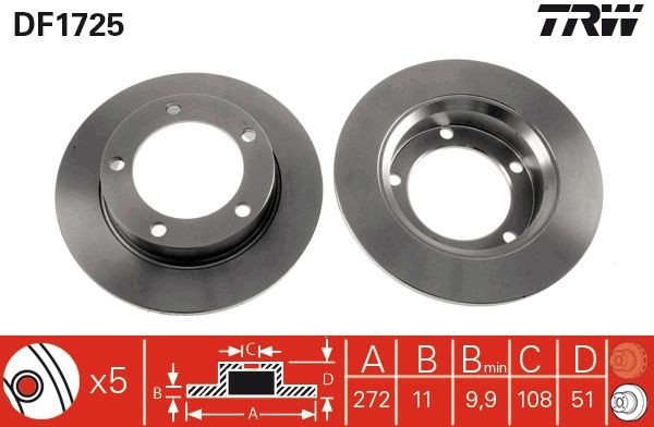 TRW DF1725: Piduriketas Ø: 272mm, täis, Ø: 272mm, värvitud