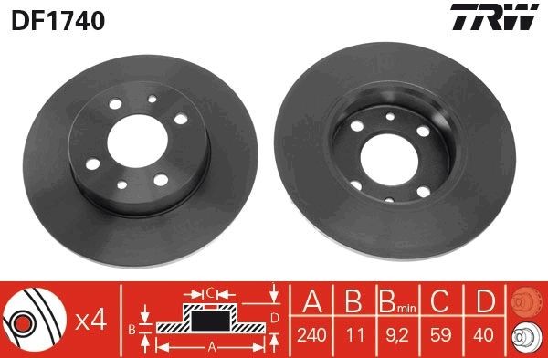 TRW DF1740: Δισκόπλακα Ø: 240mm, πλήρες, Ø: 240mm, βαμμένο