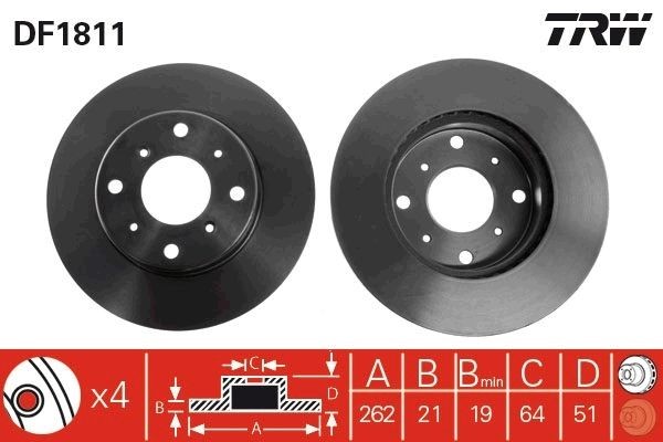 TRW DF1811: Disco freno Ø: 262mm, ventilato, Ø: 262mm, verniciato