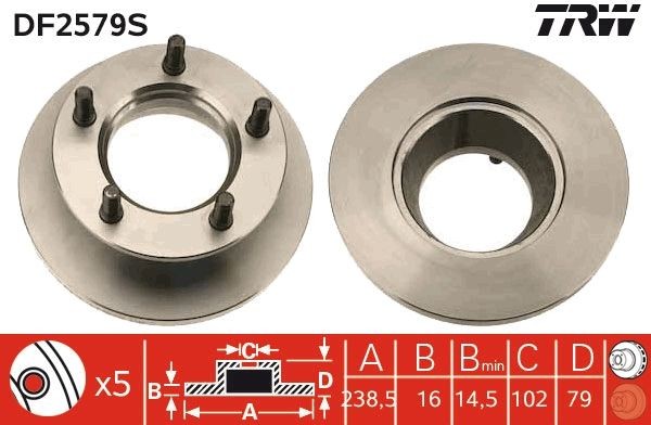 TRW DF2579S: Disc de frână TRW SINGLE Ř: 239mm, plin, Ř: 239mm, lacuit