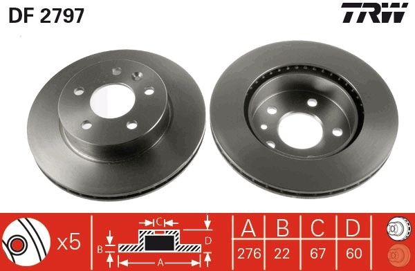 TRW DF2797: Piduriketas Ø: 276mm, õhutusega, Ø: 276mm, värvitud