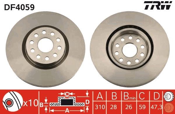 TRW DF4059: Piduriketas Ø: 310mm, õhutusega, Ø: 310mm, värvitud
