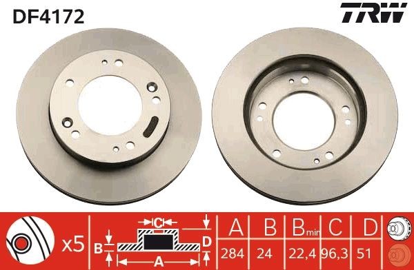 TRW DF4172: Piduriketas Ø: 284mm, õhutusega, Ø: 284mm, värvitud