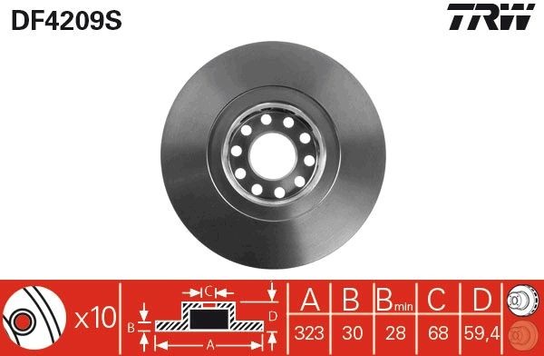 TRW DF4209S: Disc de frână TRW SINGLE Ř: 323mm, ventilat, Ř: 323mm, lacuit