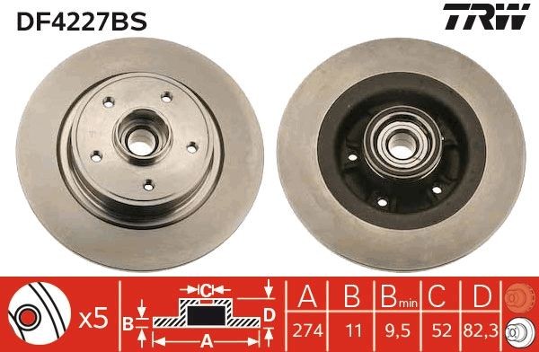 TRW DF4227BS: Piduriketas TRW SINGLE Ø: 274mm, täis, Ø: 274mm, koos ABS-andurirõngaga, koos rattalaagriga