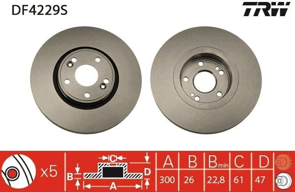 TRW DF4229S: Piduriketas TRW SINGLE Ø: 300mm, õhutusega, Ø: 300mm, värvitud