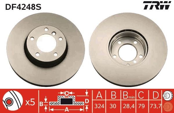 TRW DF4248S: Piduriketas TRW SINGLE Ø: 324mm, õhutusega, Ø: 324mm, värvitud