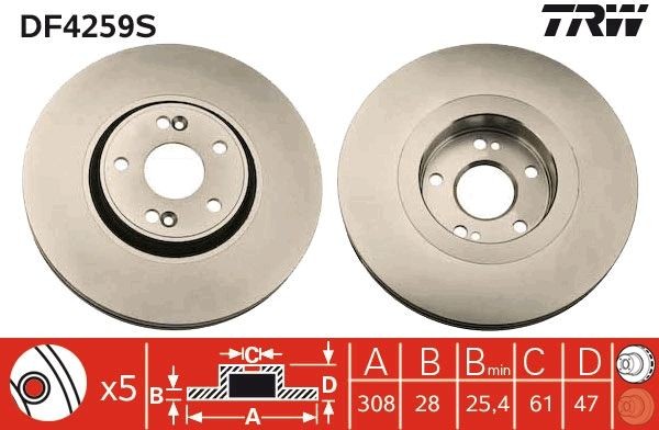 TRW DF4259S: Piduriketas TRW SINGLE Ø: 308mm, õhutusega, Ø: 308mm, värvitud