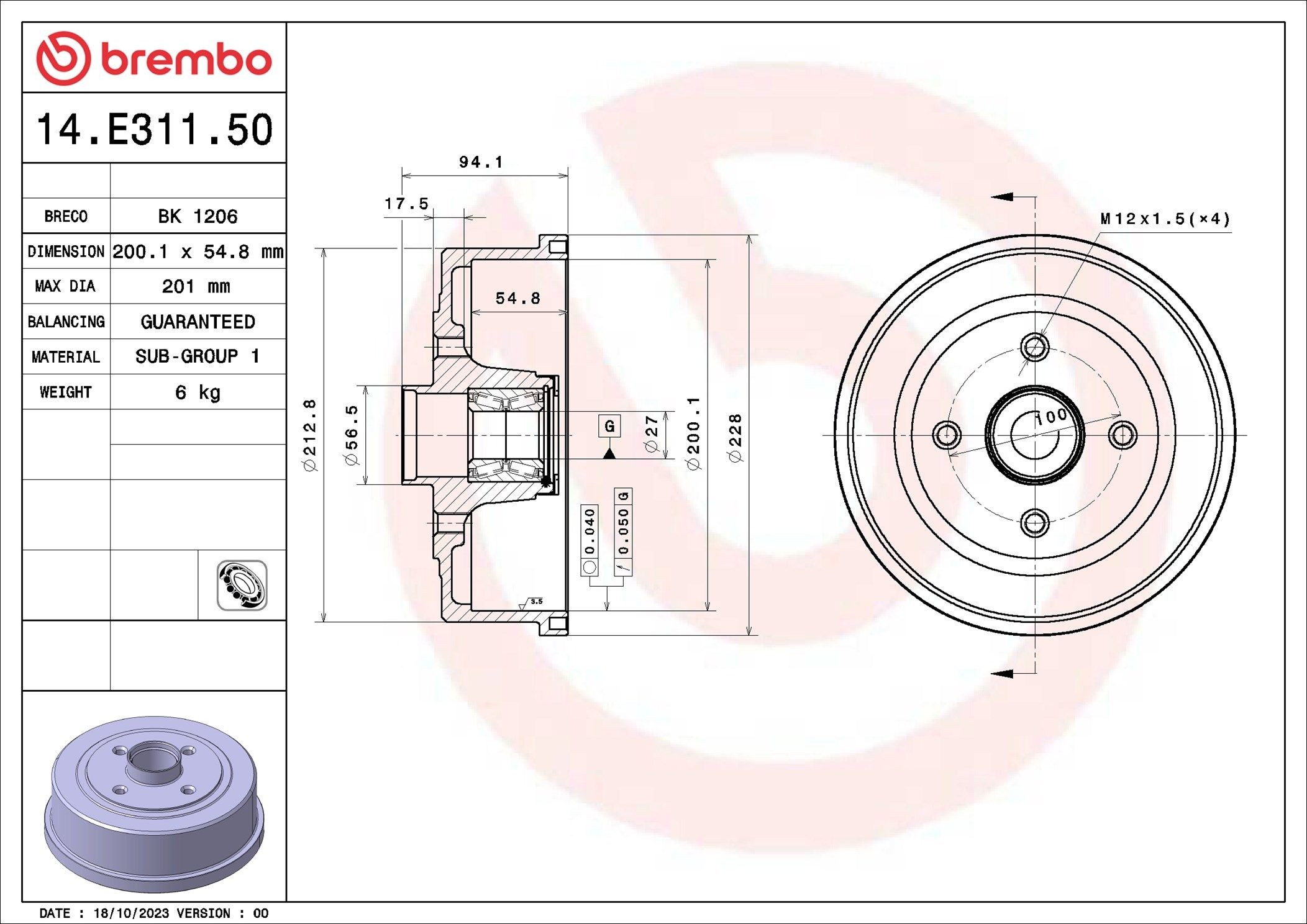 BREMBO 14.E311.50: Tambur frana ESSENTIAL LINE - With Bearing Kit 200,1mm, cu set rulmenti roata