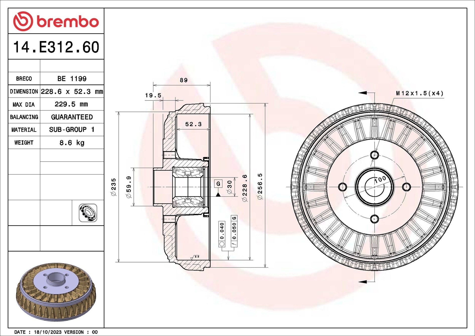 BREMBO 14.E312.60: Tambur frana ESSENTIAL LINE - With Bearing Kit 228,6mm, cu set rulmenti roata
