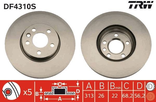 TRW DF4310S: Piduriketas TRW SINGLE Ø: 313mm, õhutusega, Ø: 313mm, värvitud