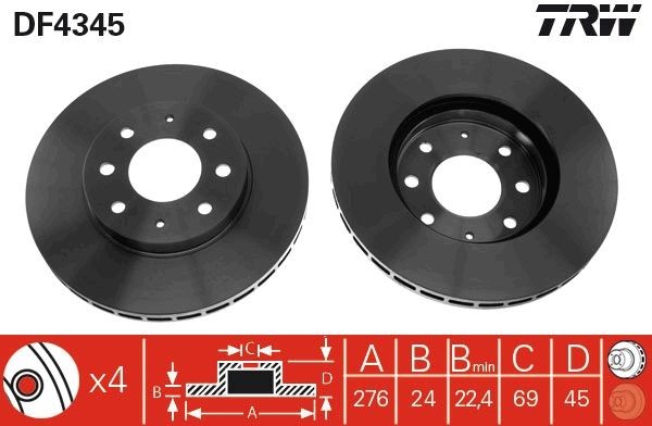 TRW DF4345: Disc de frână Ř: 276mm, ventilat, Ř: 276mm, lacuit
