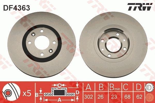 TRW DF4363: Bromsskiva Ø: 302mm, ventilerad, Ø: 302mm, lackerad