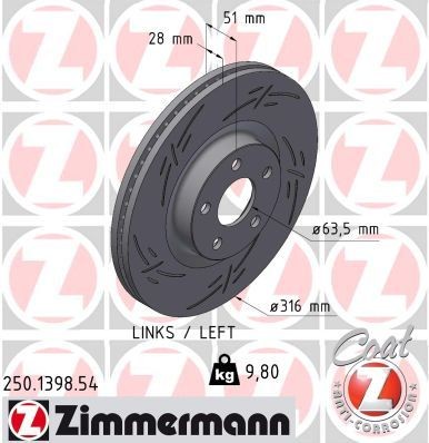 ZIMMERMANN 250.1398.54: Disc de frână BLACK Z Ř: 316mm, ventilat interior, canelat, Ř: 316mm, acoperit (cu un strat protector)