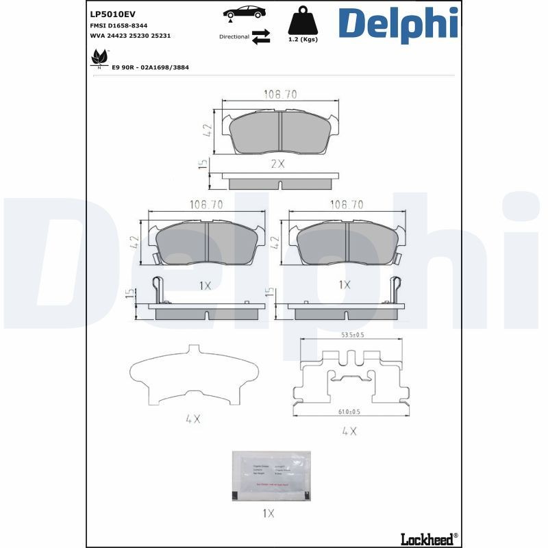 DELPHI LP5010EV: Piduriklotsid koos lisadega, koos kokkusurumisvastase plekiga