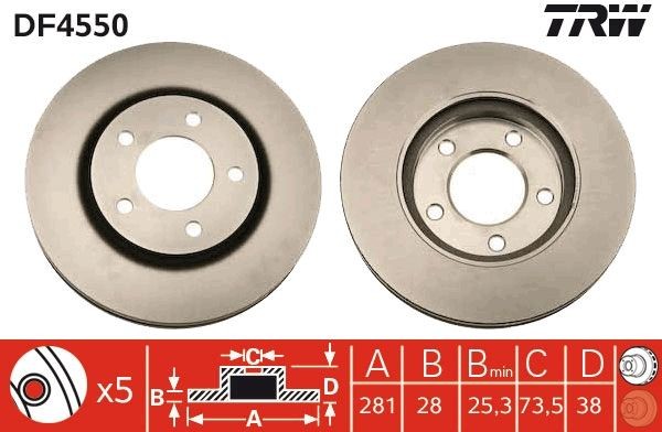 TRW DF4550: Piduriketas Ø: 281mm, õhutusega, Ø: 281mm, värvitud