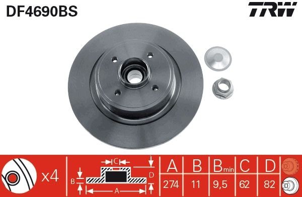TRW DF4690BS: Piduriketas TRW SINGLE Ø: 274mm, täis, Ø: 274mm, koos rattalaagriga, koos ABS-andurirõngaga