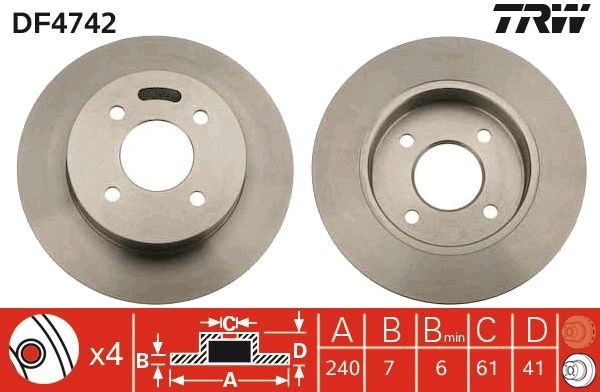 TRW DF4742: Piduriketas Ø: 240mm, täis, Ø: 240mm, värvitud