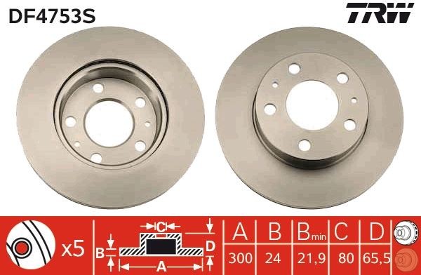 TRW DF4753S: Piduriketas TRW SINGLE Ø: 300mm, õhutusega, Ø: 300mm