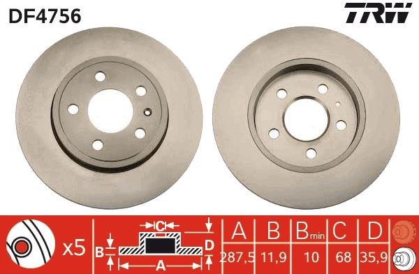 TRW DF4756: Disc de frână Ř: 288mm, plin, Ř: 288mm, lacuit