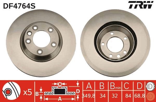 TRW DF4764S: Stabdžių diskas TRW SINGLE Ø: 350mm, ventiliuojama, Ø: 350mm, nudažyta