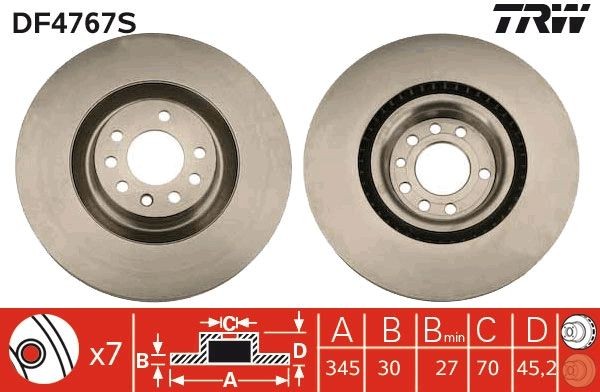 TRW DF4767S: Piduriketas TRW SINGLE Ø: 345mm, õhutusega, Ø: 345mm