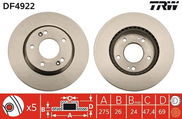 TRW DF4922: Disc de frână Ř: 275mm, ventilat, Ř: 275mm, lacuit