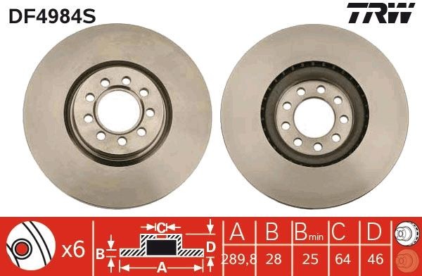TRW DF4984S: Piduriketas TRW SINGLE Ø: 290mm, õhutusega, Ø: 290mm, värvitud