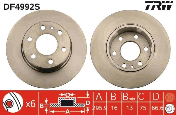 TRW DF4992S: Piduriketas TRW SINGLE Ø: 296mm, täis, Ø: 296mm, värvitud