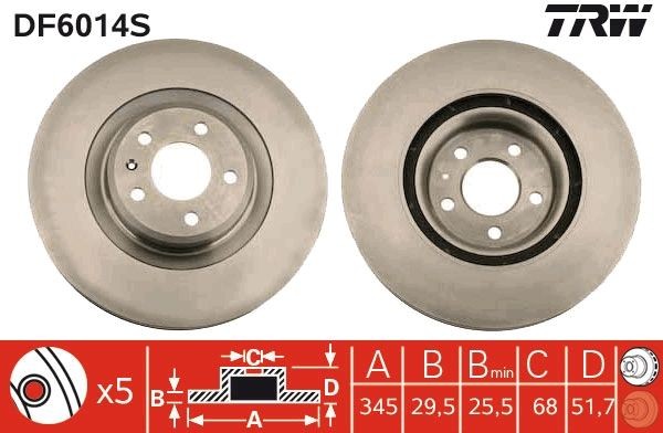 TRW DF6014S: Piduriketas TRW SINGLE Ø: 345mm, õhutusega, Ø: 345mm