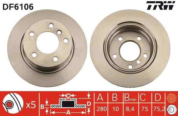 TRW DF6106: Piduriketas Ø: 280mm, täis, Ø: 280mm, värvitud