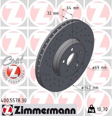 ZIMMERMANN 400.5578.30: Brzdový kotouč FORMULA S R: 342mm, vnitřně větráno, děrovaný, dvoudílný brzdový kotouč, Ocelová mísa brzdového kotouče, R: 342mm, nátěr