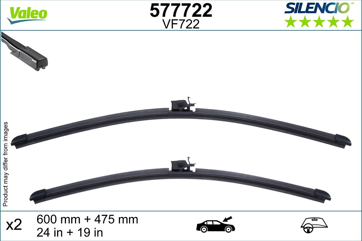 VALEO 577722: Stikla tīrītāja slotiņa SILENCIO FLAT BLADE SET priekšā, 600mm