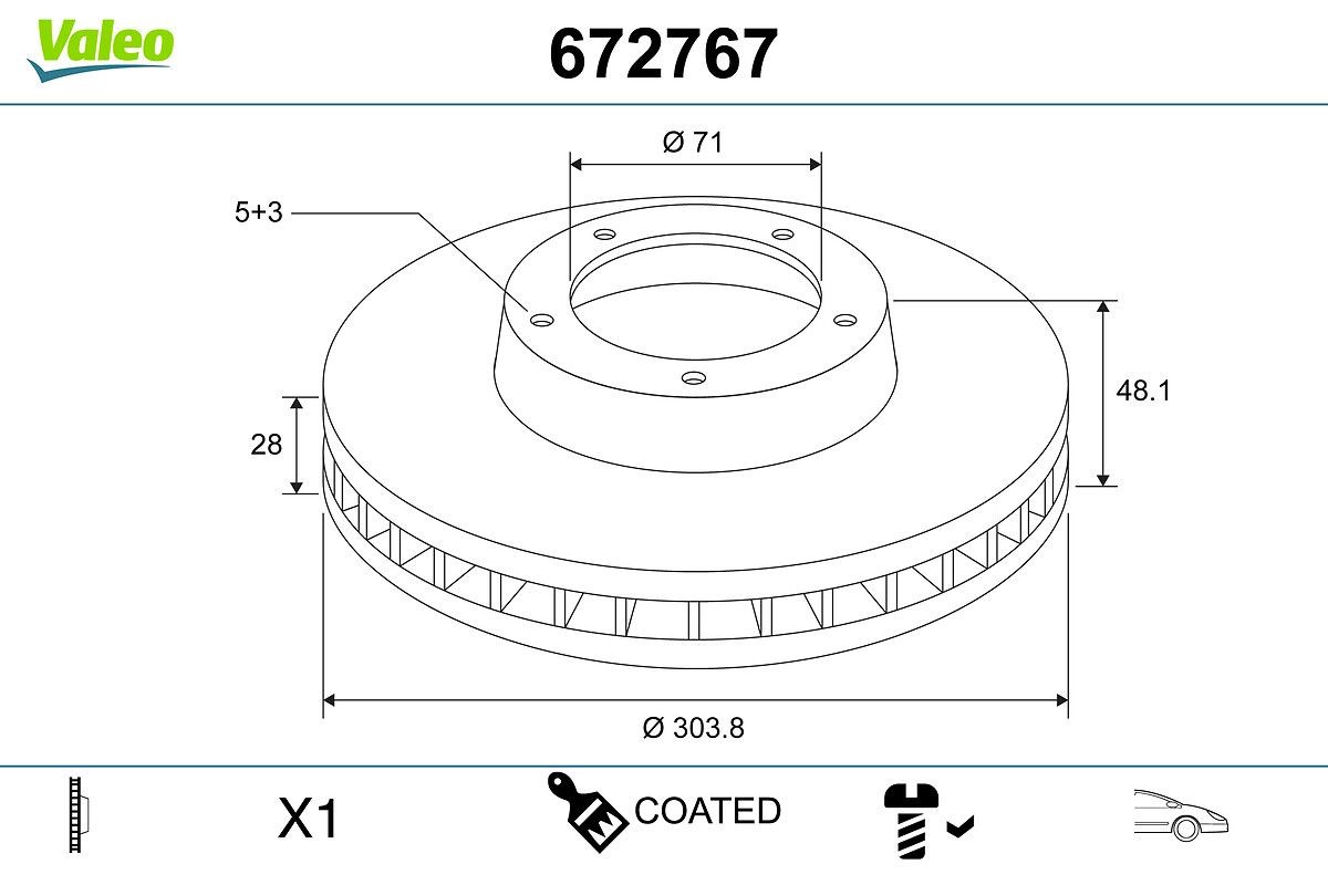 VALEO 672767: Piduriketas COATED Esisild, Ø: 304mm, õhutusega, Ø: 304mm, kaetud, ilma integreeritud rattalaagrita