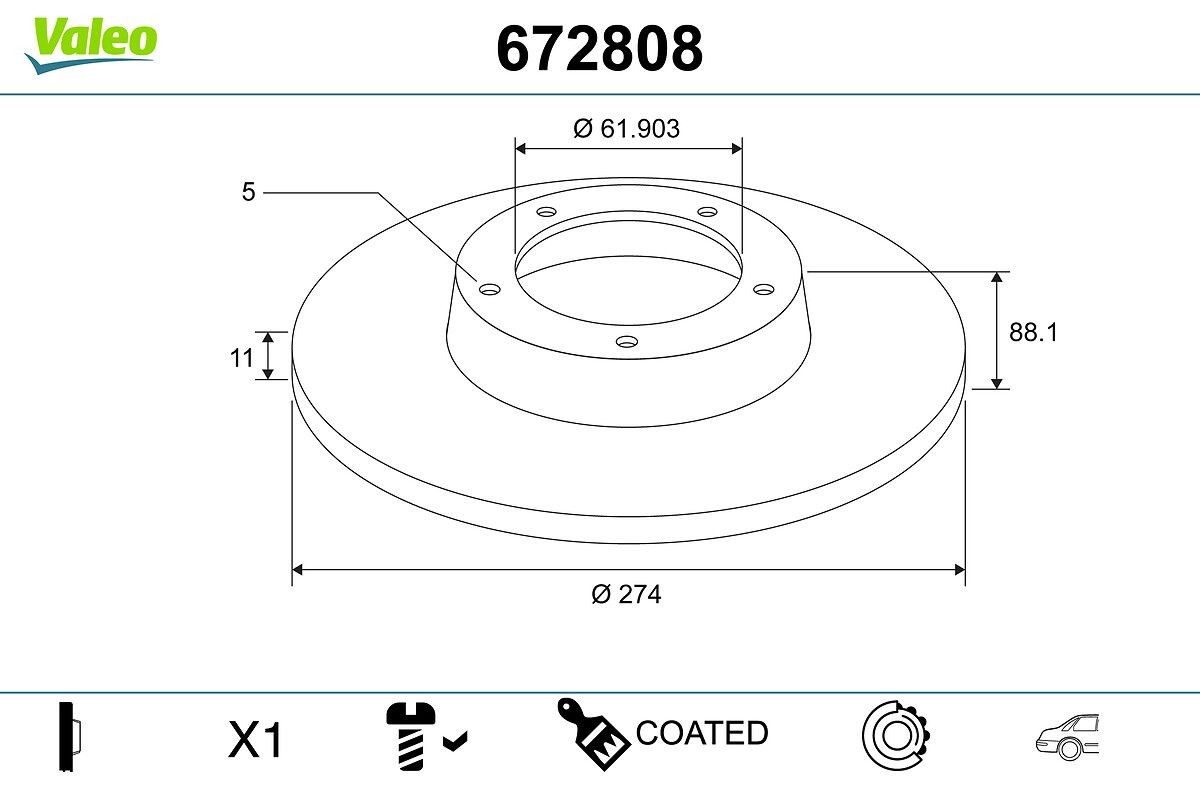 VALEO 672808: Stabdžių diskas COATED galinė ašis, Ø: 274mm, visiškai, Ø: 274mm, padengta, su integruotu rato guoliu