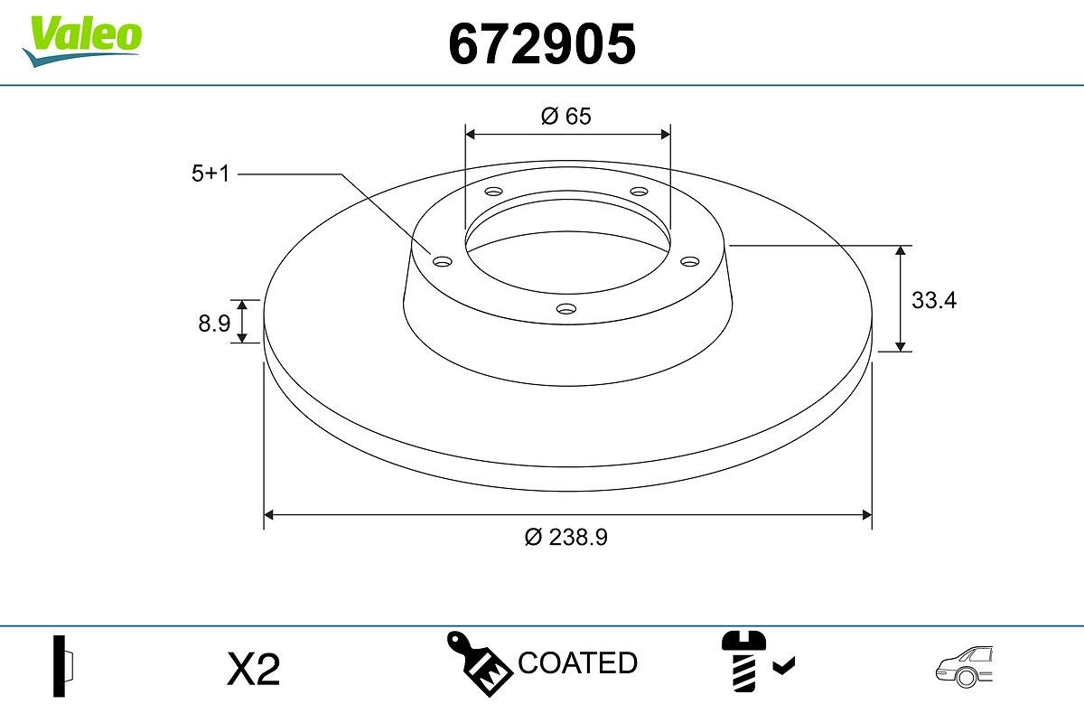 VALEO 672905: Piduriketas COATED Tagasild, Ø: 239mm, täis, Ø: 239mm, kaetud, ilma integreeritud rattalaagrita