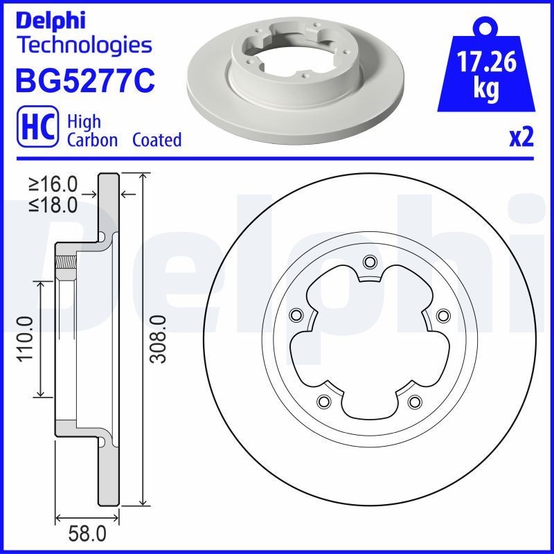 DELPHI BG5277C: Bremseskive Ø: 308mm, fullt ut, Ø: 308mm, belagt