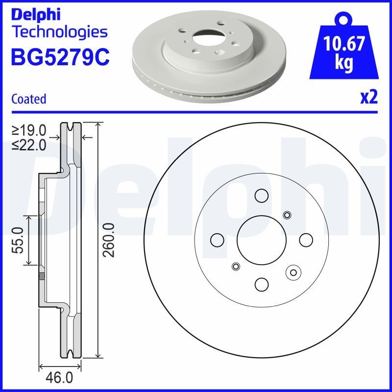 DELPHI BG5279C: Piduriketas Ø: 260mm, õhutusega, Ø: 260mm, kaetud
