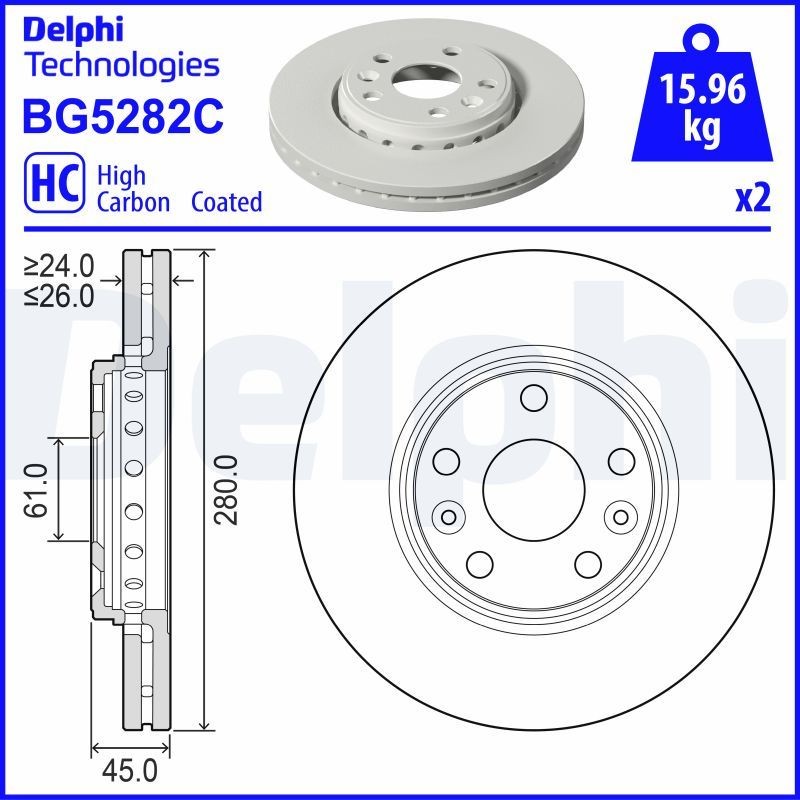 DELPHI BG5282C: Piduriketas Ø: 280mm, õhutusega, Ø: 280mm, kaetud