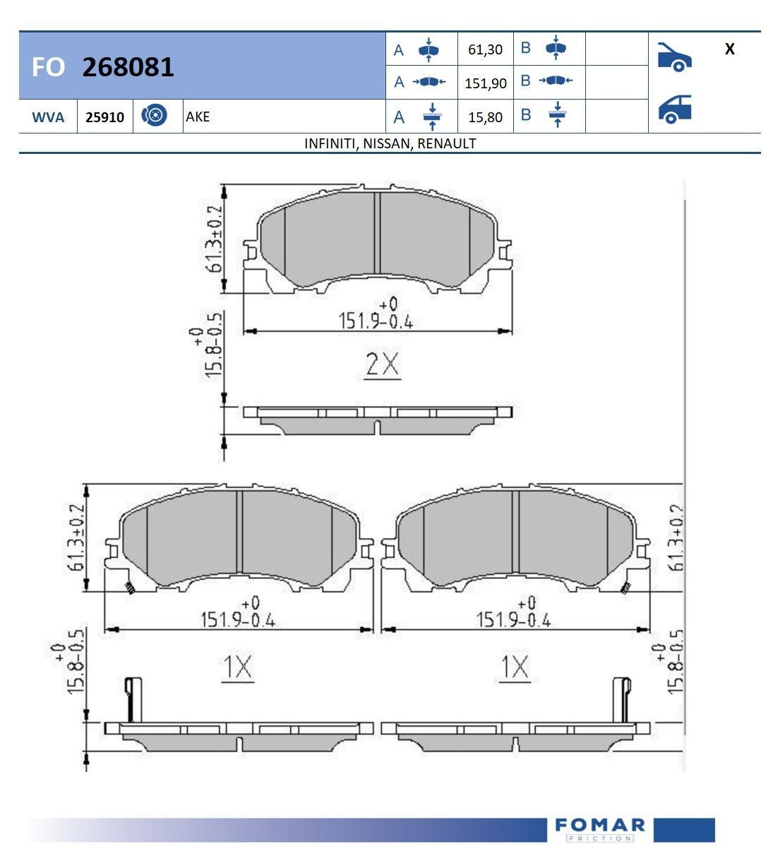 FOMAR Friction FO 268081: Stabdžių kaladėlės