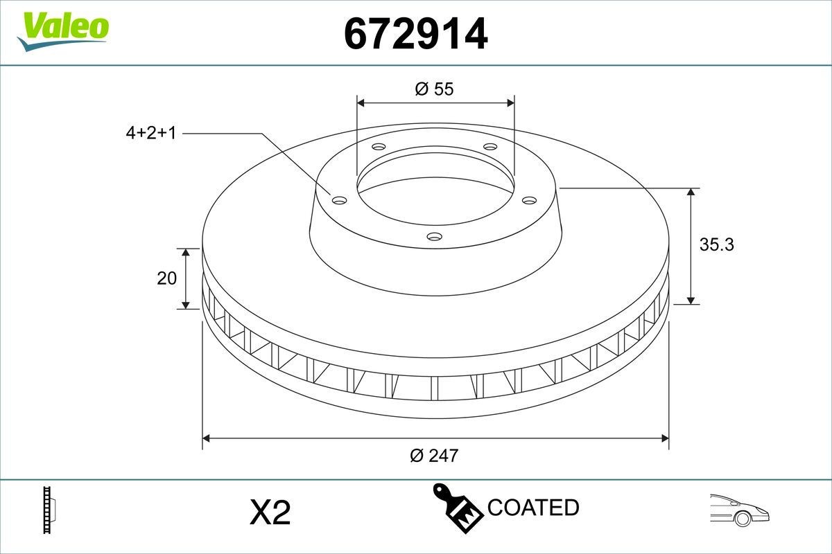 VALEO 672914: Piduriketas COATED Esisild, Ø: 247mm, õhutusega, Ø: 247mm, kaetud, ilma ABS- anduriteta, ilma integreeritud rattalaagrita
