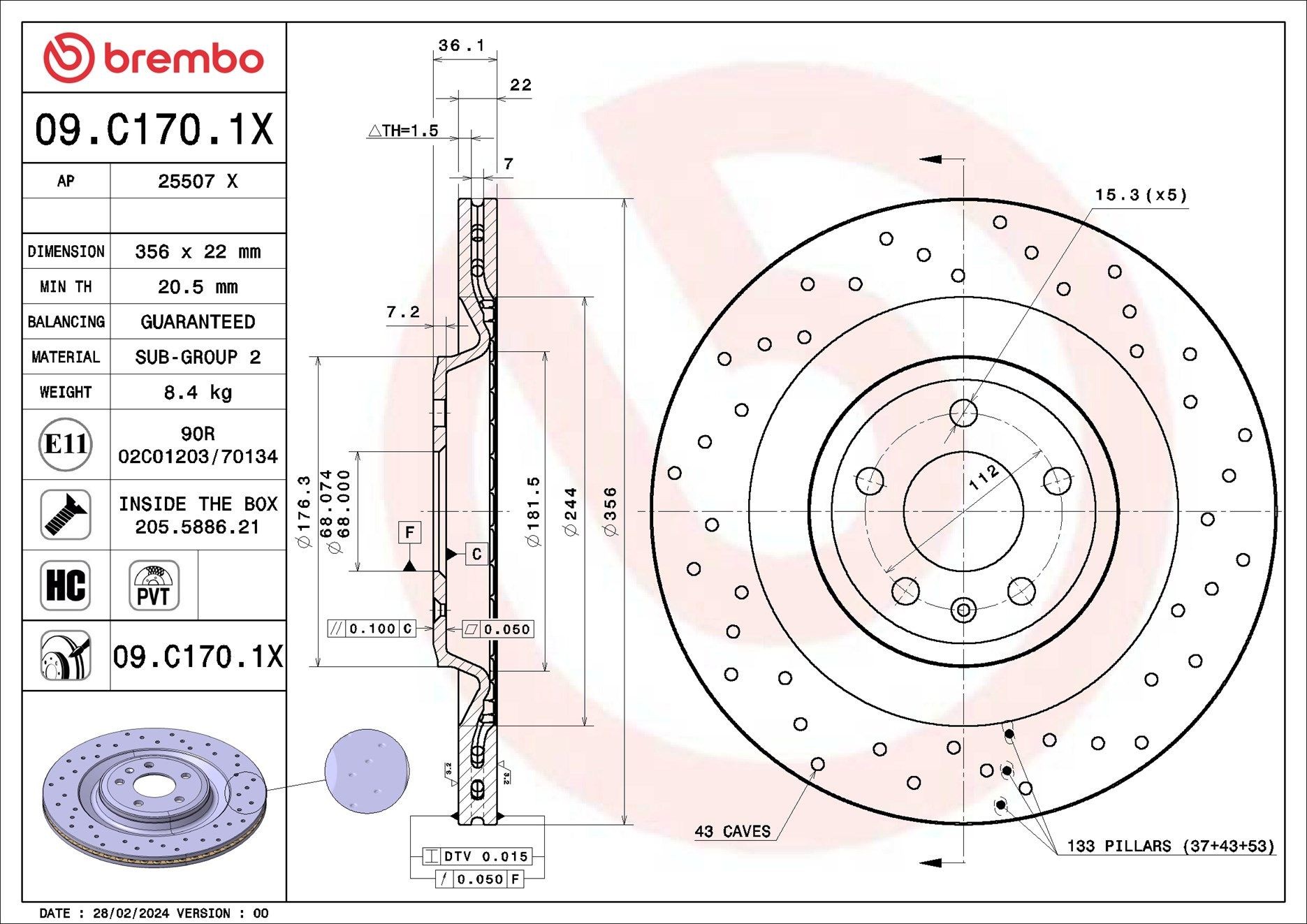 BREMBO 09.C170.1X: Piduriketas XTRA LINE - Xtra Ø: 356mm, augustatud/sise, Ø: 356mm, kaetud, koos kruvidega