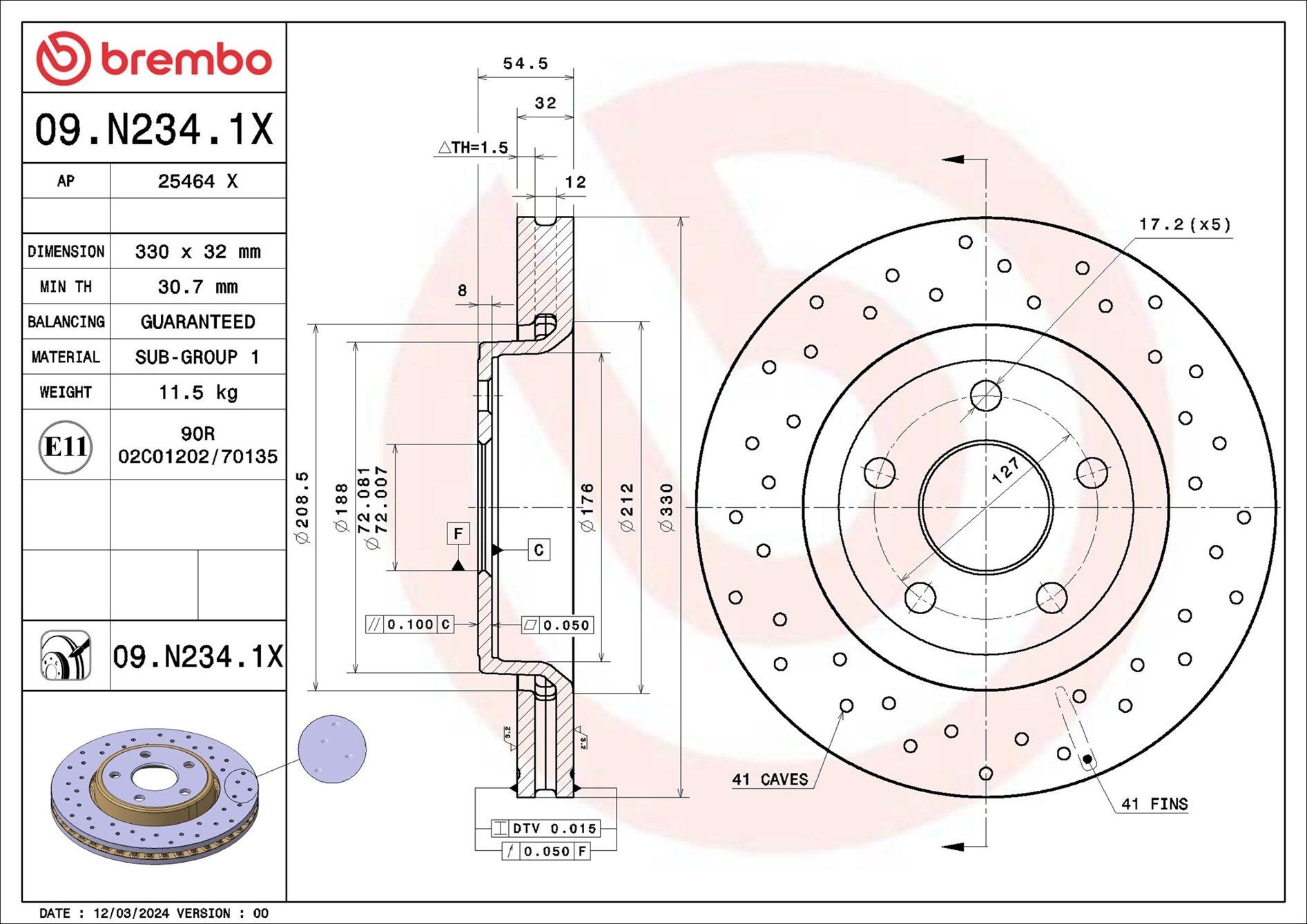 BREMBO 09.N234.1X: Disc de frână XTRA LINE - Xtra Ř: 330mm, perforat/ventilat interior, Ř: 330mm, acoperit (cu un strat protector)