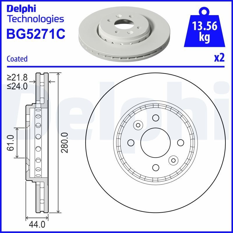 DELPHI BG5271C: Piduriketas Ø: 280mm, õhutusega, Ø: 280mm, kaetud