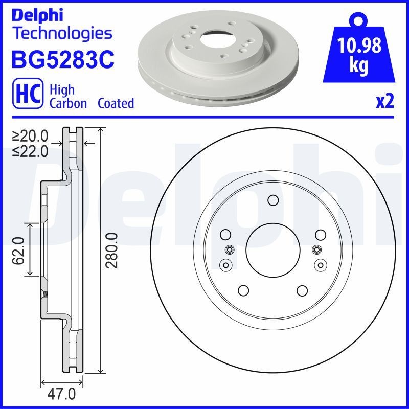 DELPHI BG5283C: Piduriketas Ø: 280mm, õhutusega, Ø: 280mm, kaetud
