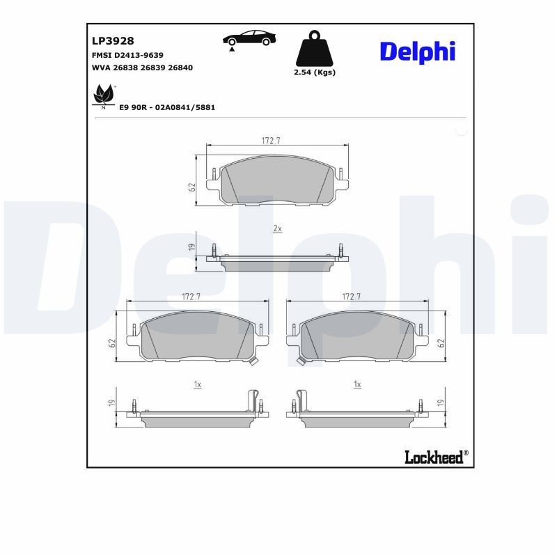 DELPHI LP3928: Комплект спирачно феродо, дискови спирачки без принадлежности, с ламарина против скърцане