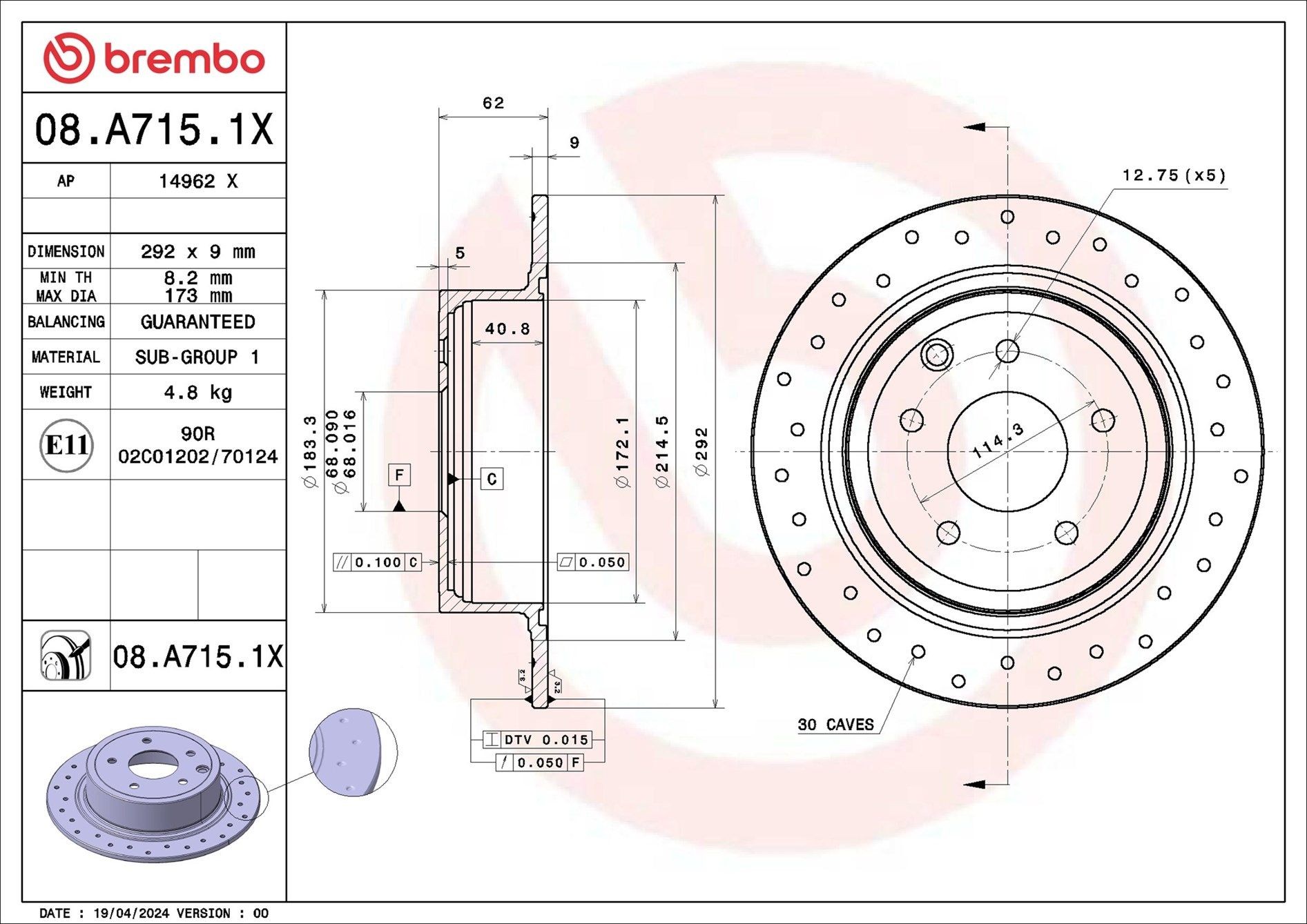 BREMBO 08.A715.1X: Piduriketas XTRA LINE - Xtra Ø: 292mm, täis, perforeeritud, Ø: 292mm, kaetud